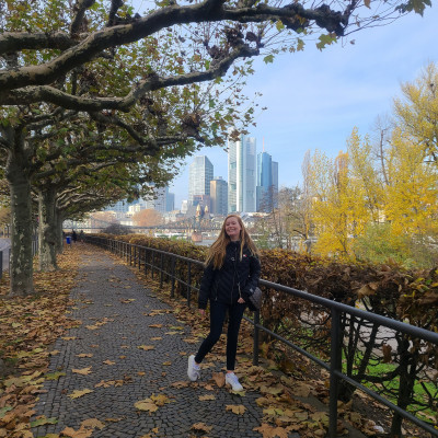 Annika Clunk BA '20 in Frankfurt where she is earning her master's degree in international economics and economic policy at Goethe Univer...