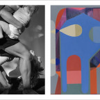 Black and white photograph next to a colorful painting