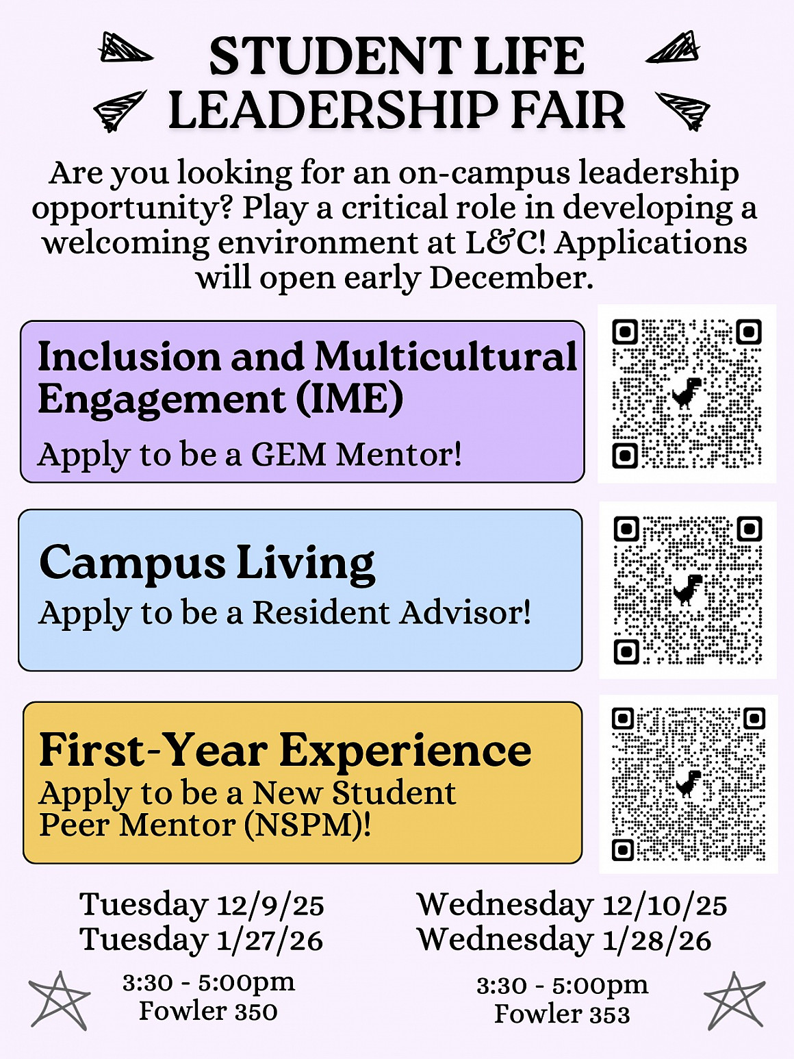 Student Life Leadership Fair with QR codes for IME mentor, Campus Living R.A., and First-Year Student Mentor.
