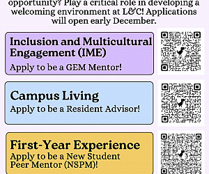 Student Life Leadership Fair with QR codes for IME mentor, Campus Living R.A., and First-Year Student Mentor.