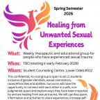 Flyer with white background and purple, orange, and yellow phoenix in the upper left corner and colored feathers in the bottom right corner