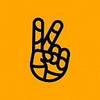 drawing of a hand doing the victory sign on a yellow background.