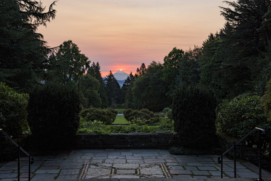 Campus view of Mt. Hood with pink and orange sunset