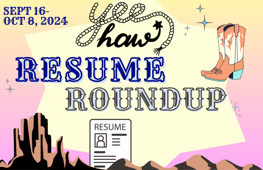 Resume Roundup, September 16- October 8, 2024. Image has western lettering with desert landscape background