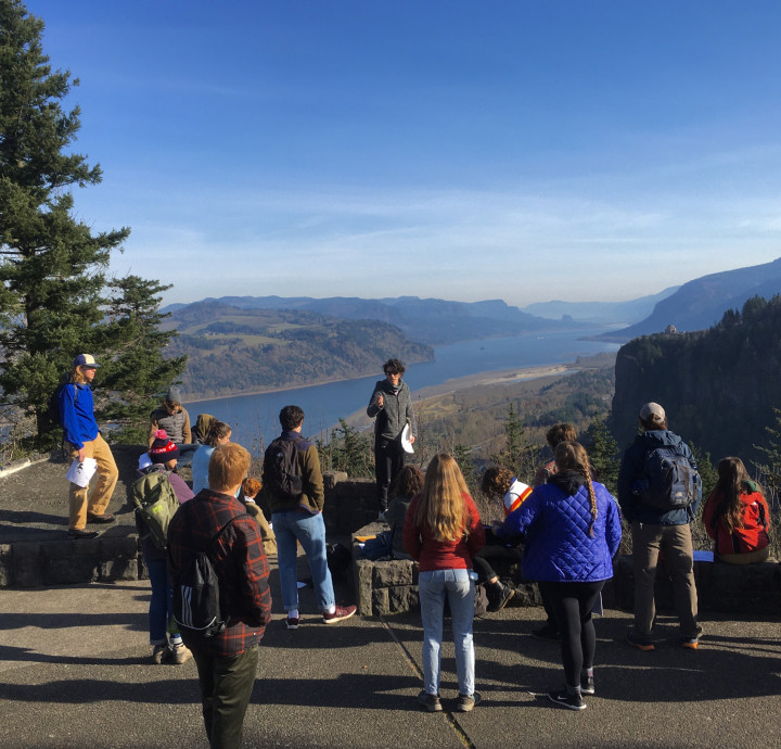 Associate Professor of Geological Science Elizabeth Safran leading a field trip in the Gorge. 