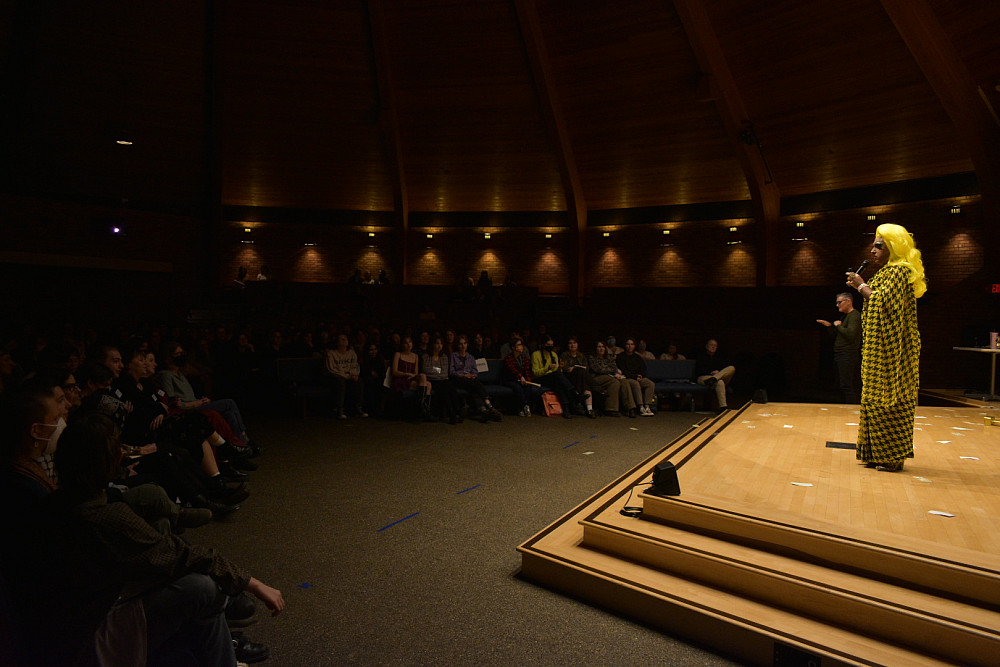 Keynote LaWhore Vagistan addresses audience in chapel