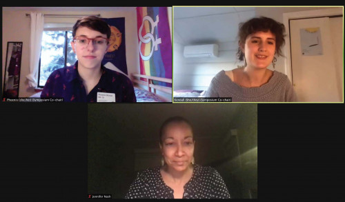 Keynote speaker Jennifer C. Nash with symposium co-chairs Phoenix Bruner '21 and Kendall Arlasky '21