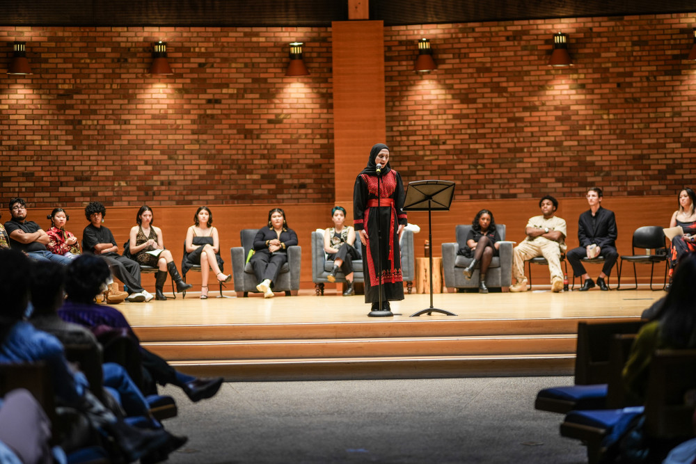 An L&C student sharing a personal narrative in the Agnes Flanagan Chapel for Race Monologues