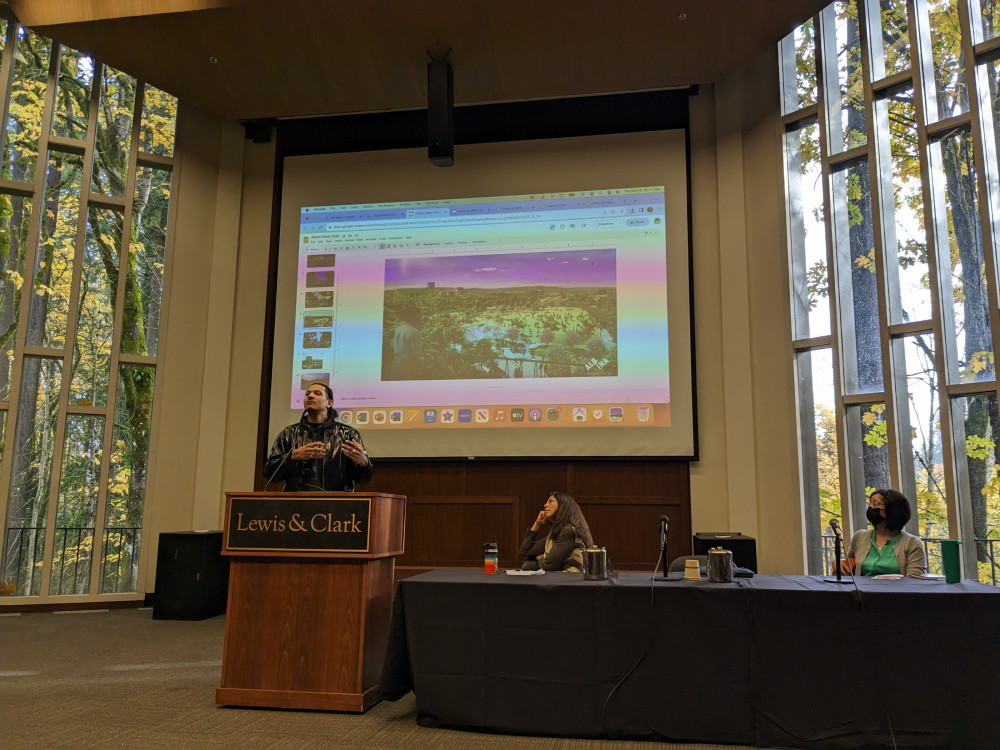JT Flowers of Albina Vision Trust, along with L&C Professor Reiko Hillyer and Alisa Kajikawa of APANO, at “Visions of a Future ...