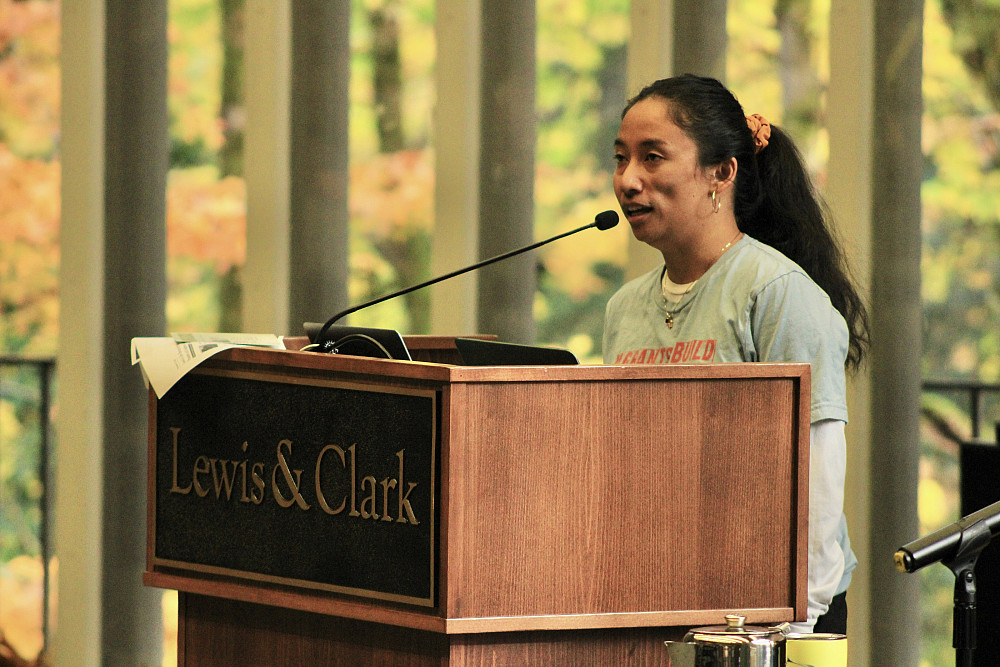 A presenter speaks at the podium in the Council Chambers