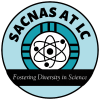 Blue logo with a nucleus in the middle and text around that reads SACNAS AT LC