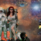 Beth Stephens and Annie Sprinkle in astronaut suits and an alien to the left, their dog to the right. 