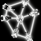 Graphic drawing of people sitting in a circle, one at the center dressed as a doctor, connected by a web of light.