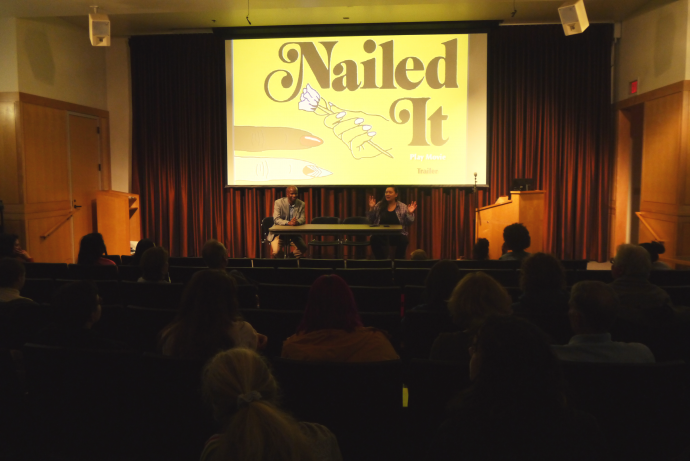 Filmmaker Adele Pham and Associate Professor and Director of Ethnic Studies Kundai Chirindo begin the screening of Nailed It