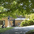 Exterior of Fowler Student Center, students walking outside.