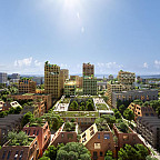 A photographic rendering of a cityscape with lots of buildings and trees.