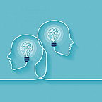 Vector of two human heads made of gears with light bulb shape inside. Innovation technology and new idea generation concept