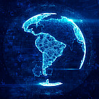 Planet Earth showing countries in glowing blue color to represent digital information.