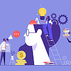 Woman and man characters putting light bulb, books and gear into human head to improve work skills. Flat cartoon vector illustration.
