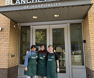 Students standing outside Blanchet House in downtown Portland.