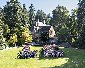 A Campus Tradition--Each year during New Student Orientation, members of the incoming class spell out LC on the Glade below the Frank Man...