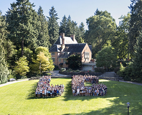 A Campus Tradition--Each year during New Student Orientation, members of the incoming class spell out LC on the Glade below the Frank Man...