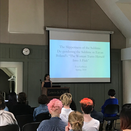 Eva Gellman '18 presenting her award winning paper, The Slipperiness of the Sublime in Eavan Boland's The Woman Who Turns Herse...