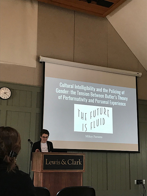 Mikay Parson '18 presenting their award winning paper, Cultural Intelligibility and the Policing of Gender: The Tension Between Butl...