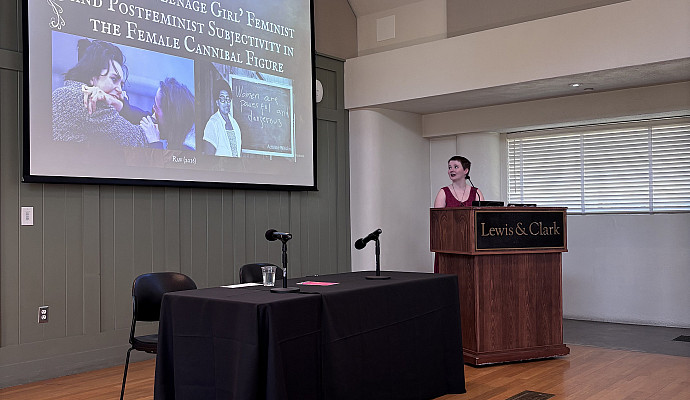 Zoë Smith '25, shares the opening slide for “Hell is a Teenage Girl: Feminist and Postfeminist Subjectivity Through the Femal...